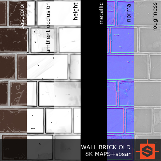 PBR substance material of wall brick old created in substance designer for graphic designers and game developers.