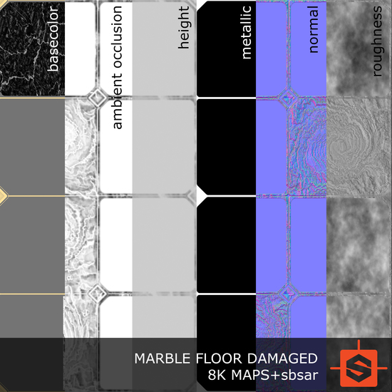 PBR substance material of marble floor damaged created in substance designer for graphic designers and game developers