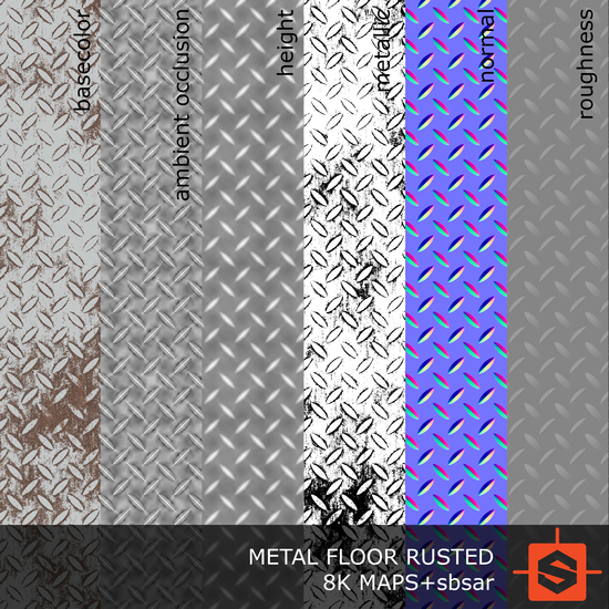 PBR substance material of metal floor rusted created in substance designer for graphic designers and game developers.