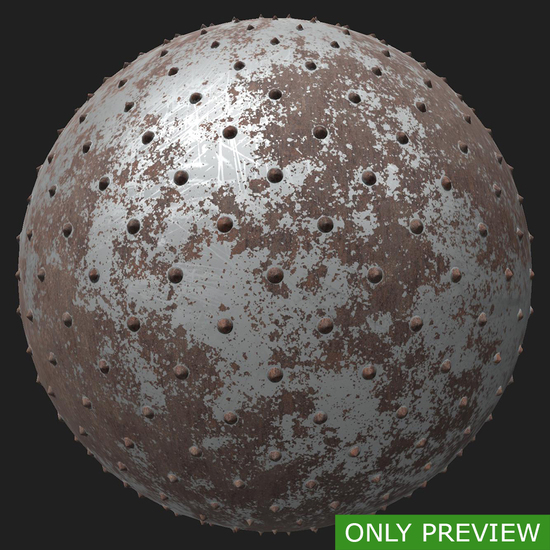 PBR substance material of rusty metal studded created in substance designer for graphic designers and game developers