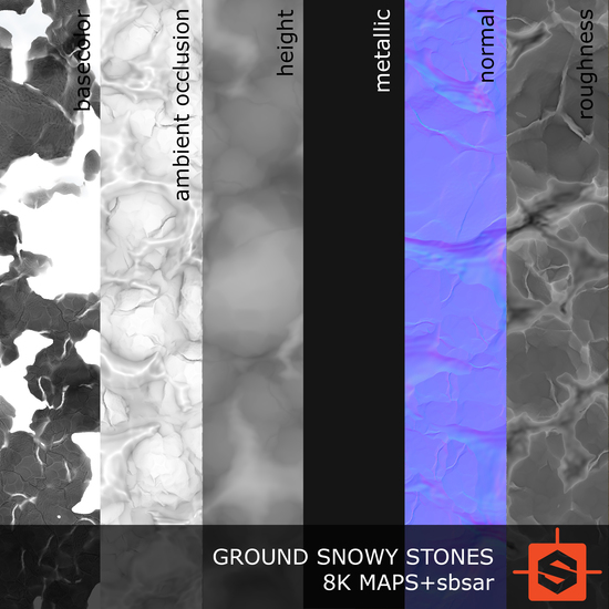 PBR substance material of ground snowy stones created in substance designer for graphic designers and game developers