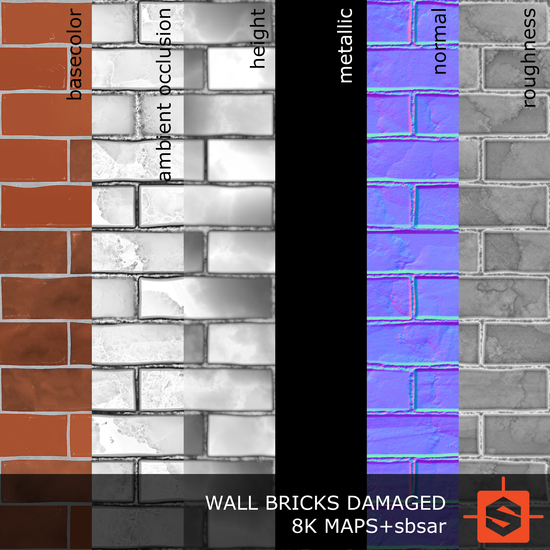 PBR substance material of wall bricks damaged created in substance designer for graphic designers and game developers